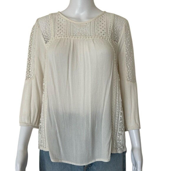 Knox Rose Round Neck  Crochet French Lace Ivory Pheasant Blouse Top - M - Picture 1 of 11